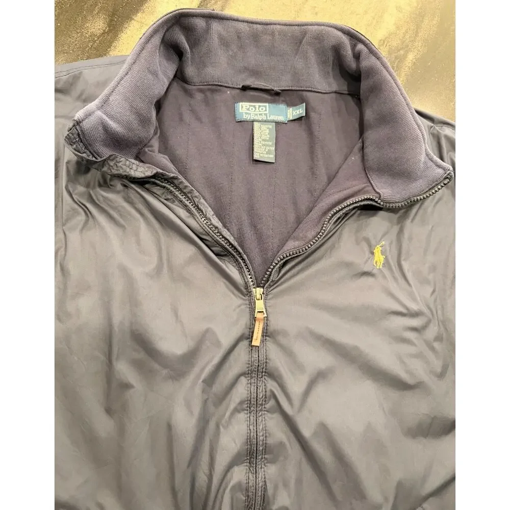 Polo Ralph Lauren Mens XXL Navy Windbreaker Jacket Zip Out Hood Leather Trim